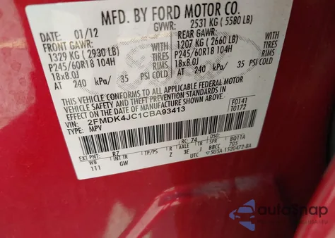 2012 Ford Edge Sel из США, поврежденный, VIN 2FMDK4JC1CBA93413